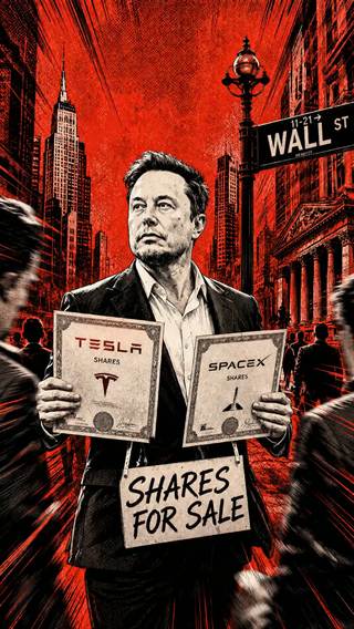 A stylised red poster frame of a man holding two share certificates on a Wall Street corner.