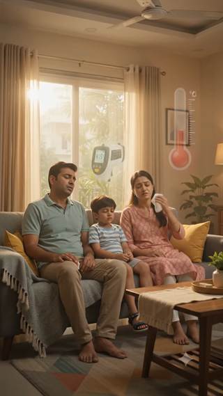 A family sitting together in a warm living room with a wall thermometer and an outdoor unit visible.