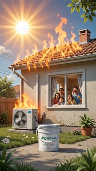 A tiled house with flame graphics along the roofline and a coating bucket on the lawn.