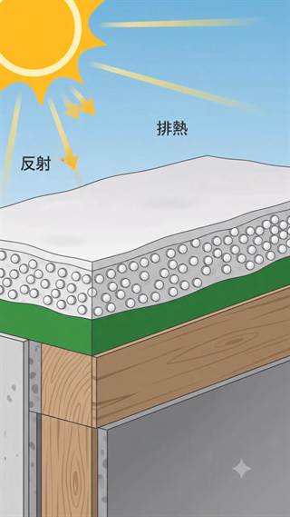 A thermal diagram showing sunlight reflected and heat emitted from a coated panel.