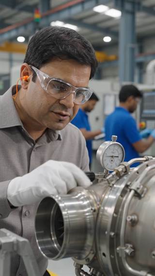 An engineer in safety glasses measuring a machined metal assembly.