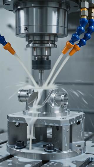 A multi-axis cutting head machining a metal part under coolant.