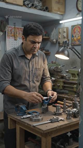 A man assembling small components at a lit workbench.