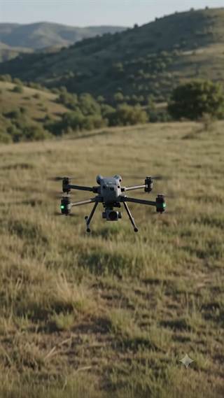 A quadcopter hovering low over open grassland.
