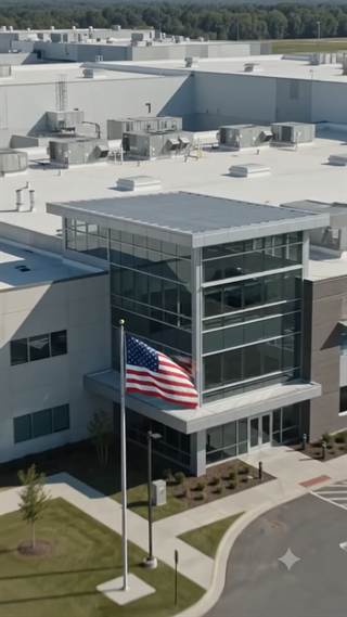 A low-rise corporate campus with a flagpole in the forecourt.