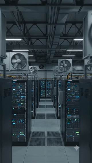 A server aisle lit blue, racks receding into the distance.
