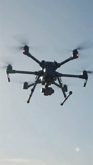 A quadcopter climbing against a pale overcast sky.