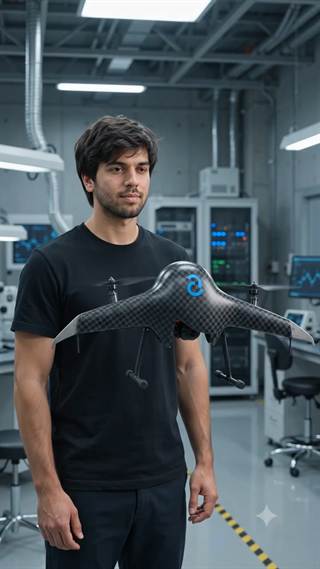 A man in a lab holding a carbon-fibre drone airframe across his hands.