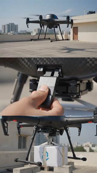 A drone lowering a small package on a rooftop.
