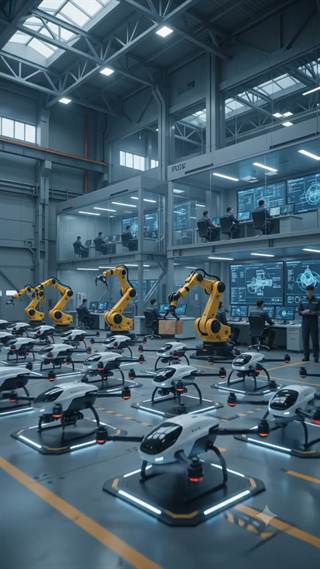 Robotic arms working along an assembly line of drone frames.