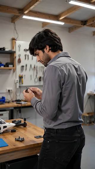 A man working on drone parts at a workbench under a lamp.