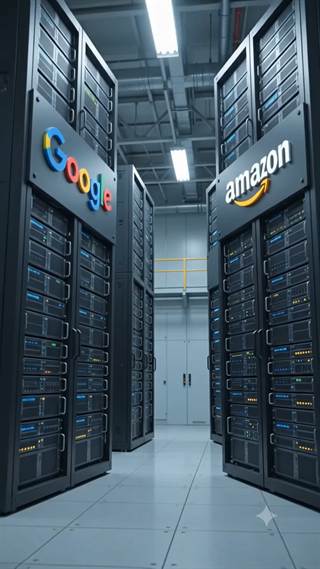 A data hall with operator signage above the racks.