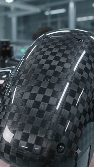 A close-up of a woven carbon-fibre canopy catching light.