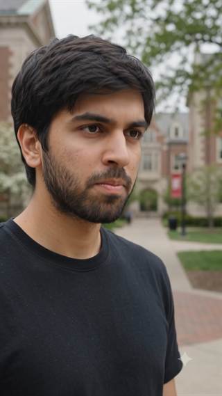 A young man standing outdoors on a university campus.