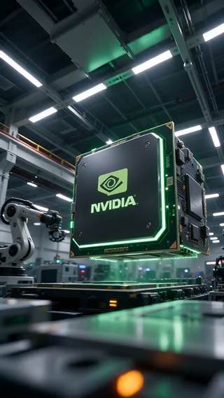 A green-lit server bay with a graphics module handled by machinery.