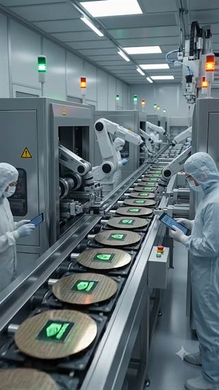 Technicians in cleanroom suits alongside a wafer handling line.