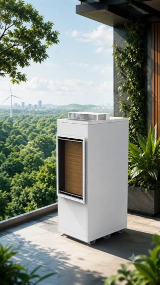 A white air unit on a planted terrace above a green city.