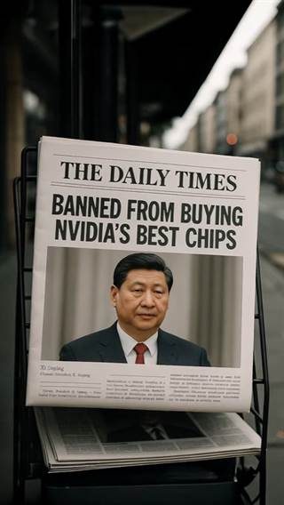A newspaper on a stand, its front page carrying a chip-export headline.