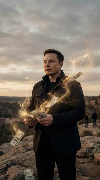 A man on rocky ground holding banknotes as gold particles drift off them.