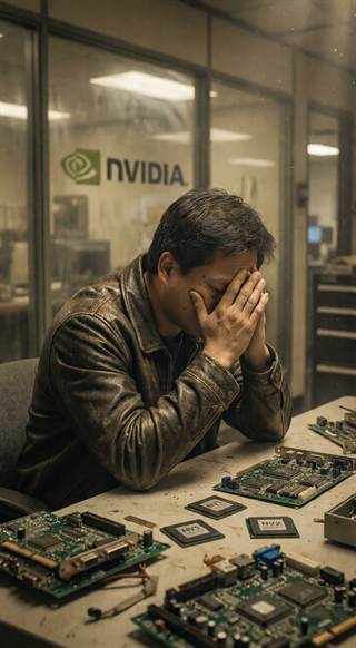 A man at a bench of circuit boards with his head in his hands.