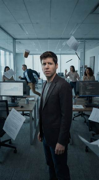 An open-plan office mid-chaos, paper in the air, one man standing still.