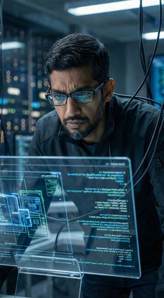 A man studying a translucent holographic code panel.
