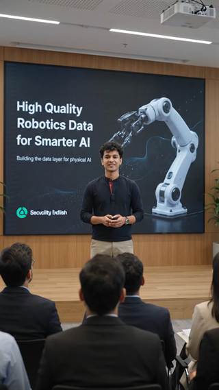 A presenter on stage beside a robotics slide, audience in silhouette.