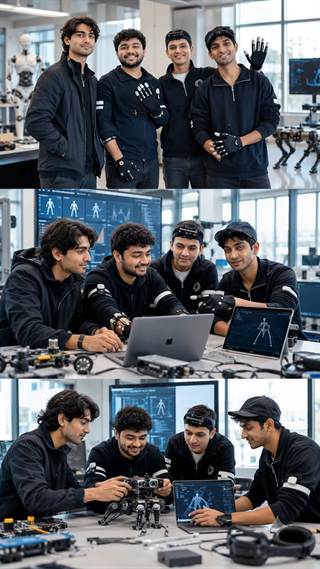 A stacked montage of a robotics team at work in a lab.