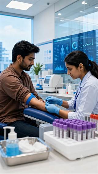 A blood draw in a modern pathology lab, sample racks in the foreground.
