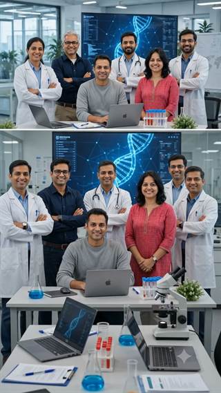 A stacked montage of a clinical team and a health dashboard.