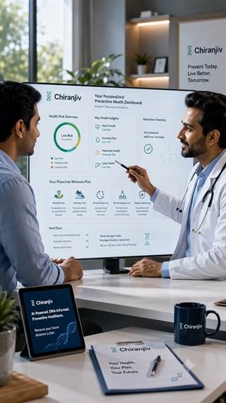 A clinician presenting a personalised health dashboard on a wall screen.