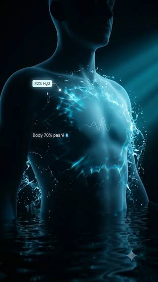 A human torso rendered in luminous turquoise water and particles against black.