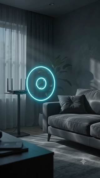 A dim living room lit by a single glowing ring above a router.