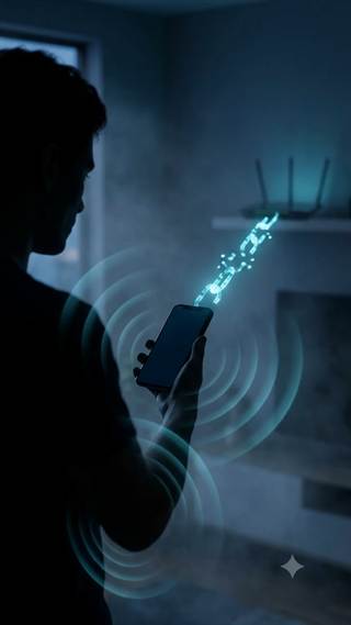 A silhouette holding a phone with light rings radiating across a dark room.