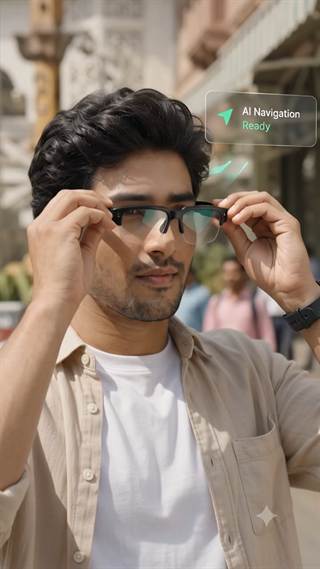 A man adjusting smart glasses on a street with a navigation prompt beside him.