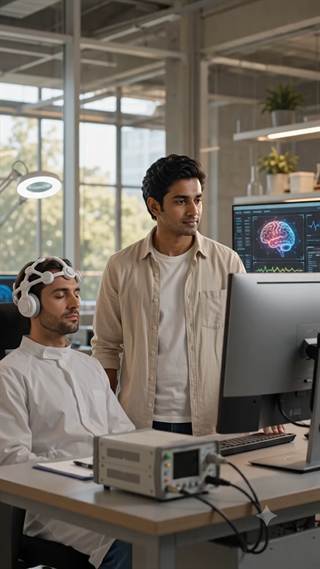 A subject in an EEG cap while a colleague reads brain activity off a monitor.