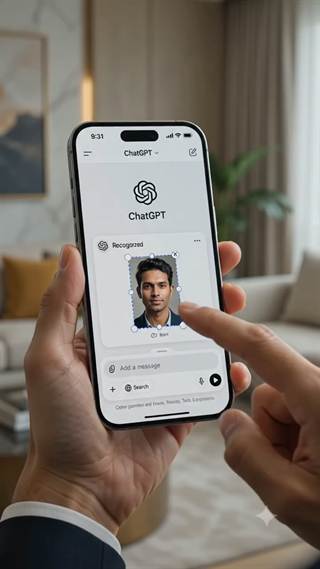 A hand holding a phone open on a chat assistant interface.