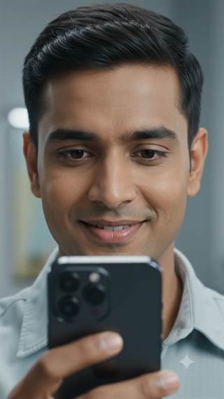 A man smiling at something on his phone screen.