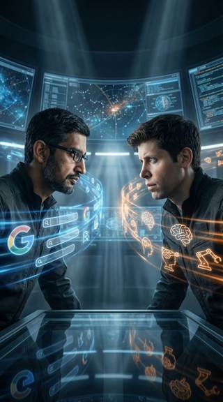 Two men facing each other across a corridor of holographic brand marks.