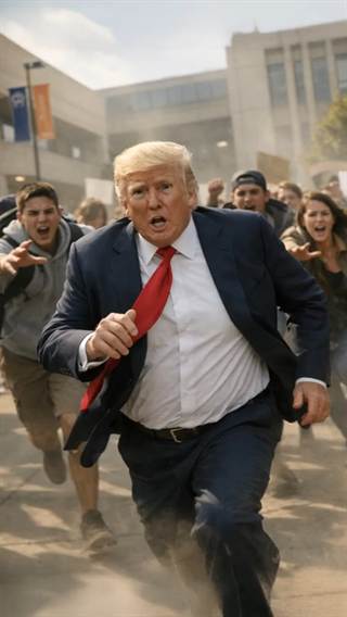 A man in a suit running through a crowd on a street.