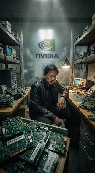 A workshop bench stacked with circuit boards under a desk lamp.