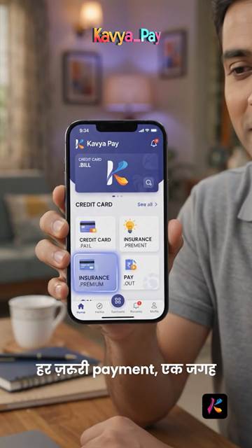 A man at home holding a phone showing the Kavya Pay app, with a Devanagari subtitle across the lower frame.