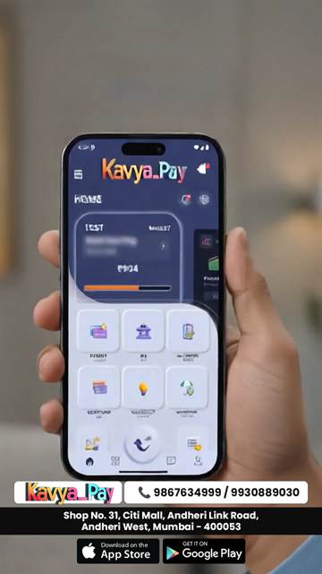A hand holding a phone showing the Kavya Pay home screen and its grid of payment services.