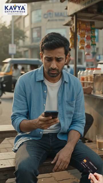 A man sitting on a street bench outside a tea stall, looking at his phone with a credit card in hand.