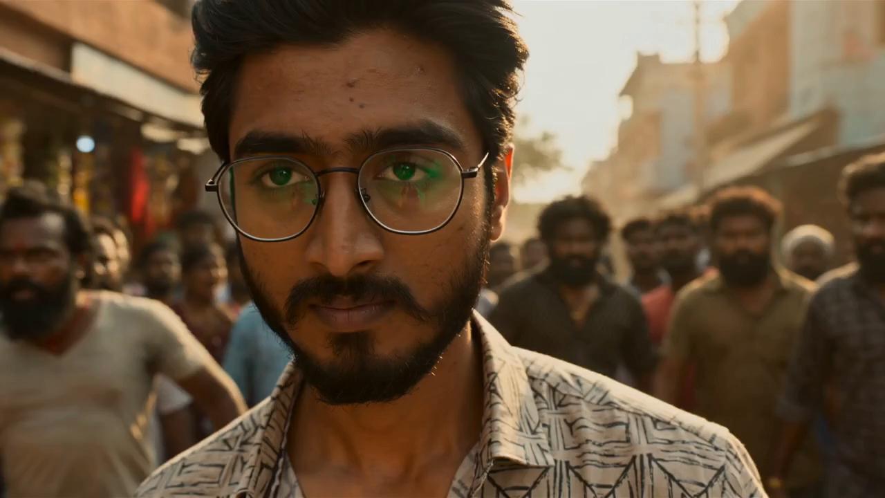 A man walking toward camera through a crowded market street at golden hour, faces and stalls falling out of focus behind him.