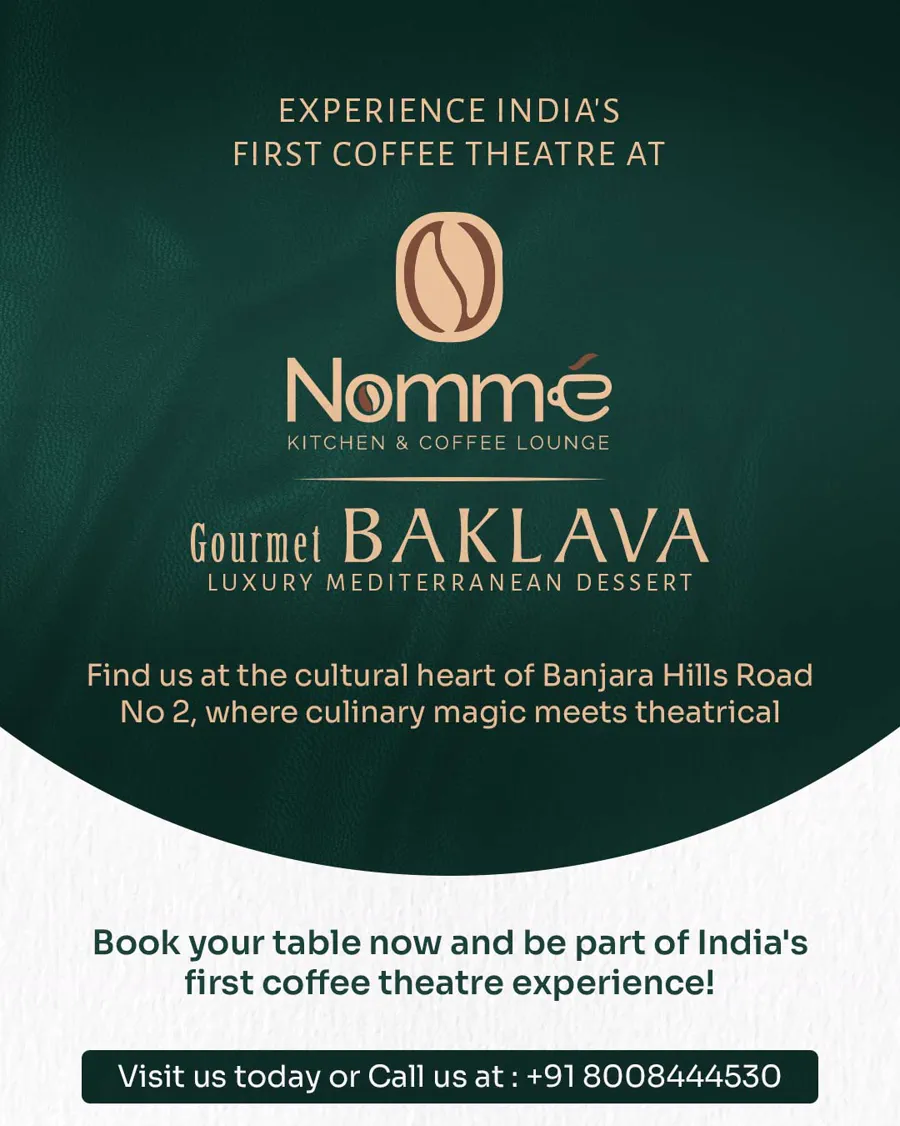 Co-branded piece pairing the Nomme lockup with Gourmet Baklava, over a deep green ground, with a phone number in a bar at the foot