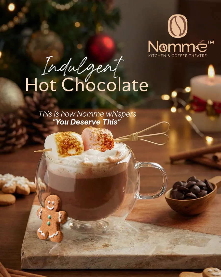 Nomme indulgent hot chocolate post with festive table setting