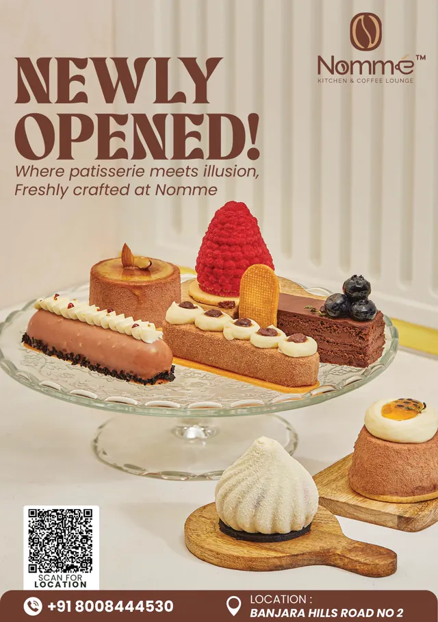 Newly Opened announcement — patisserie on a cake stand, with a QR code, phone number and Banjara Hills Road No 2 address along the bottom