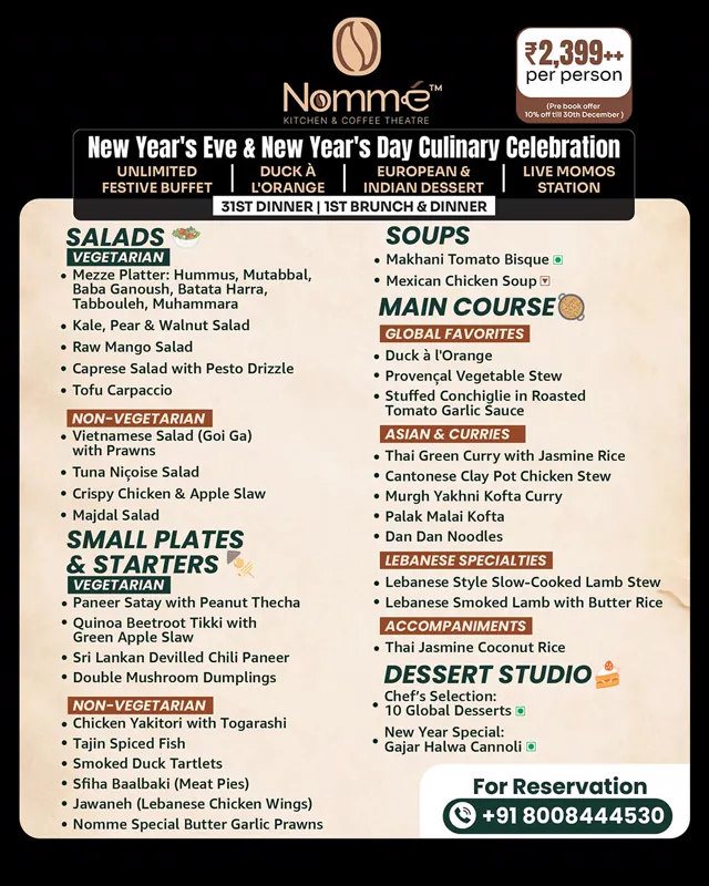 New Year menu poster — two columns of dishes grouped under Salads, Small Plates, Soups, Main Course and Dessert Studio, with a price badge top right and a reservation number at the foot