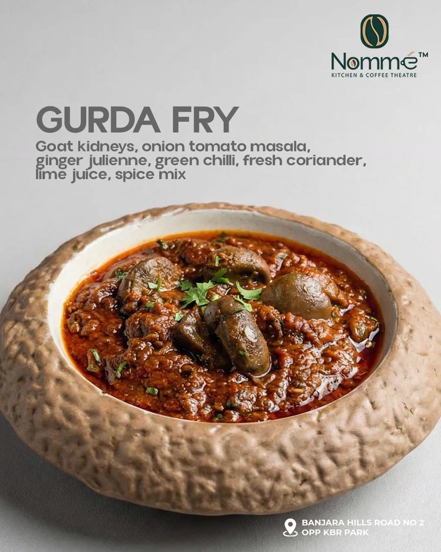 Gurda Fry post — dish name in heavy uppercase with its full ingredient list set underneath, address bar along the bottom